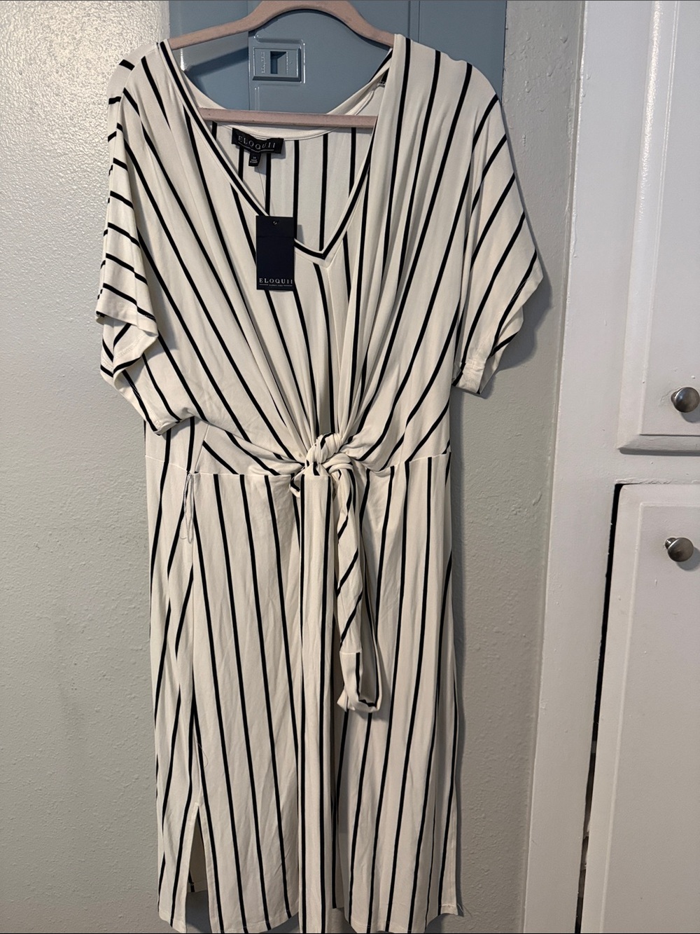Eloquii White and Black Vertical Stripe Tie-Waist Dress